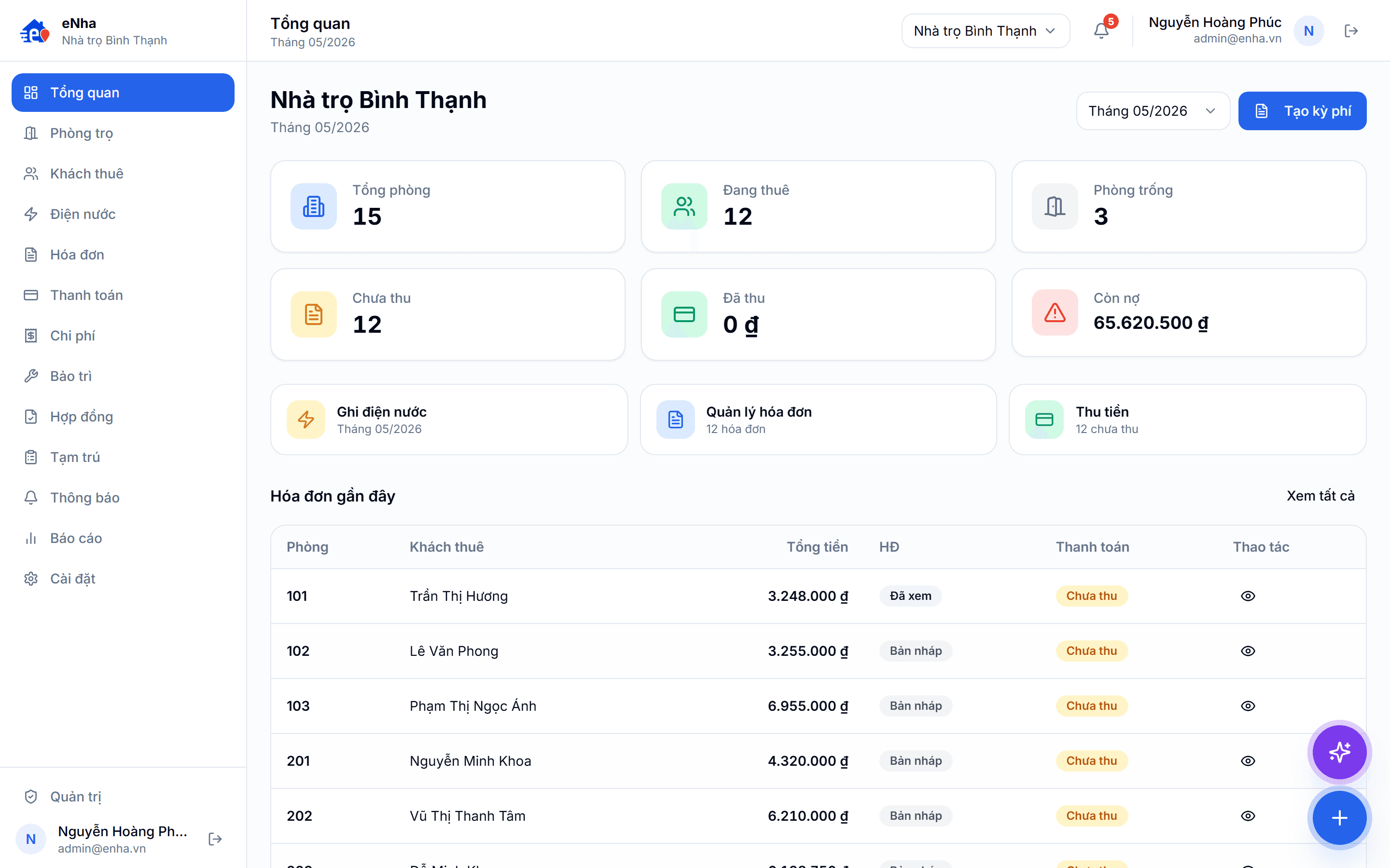 Dashboard: Cần thu, Đã thu, Phòng trống — nhìn 5 giây biết ngay tháng này